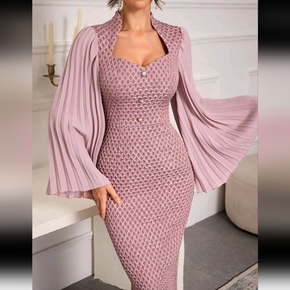 Dresses & Skirts - Women's Solid Color Pleated Button Decor Elegant Long Sleeve Dress